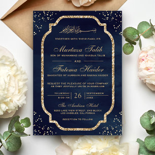 Elegant Gold Glitter Border Navy Muslim Wedding Invitation