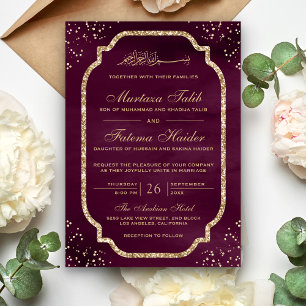 Elegant Gold Glitter Border Plum Muslim Wedding Invitation
