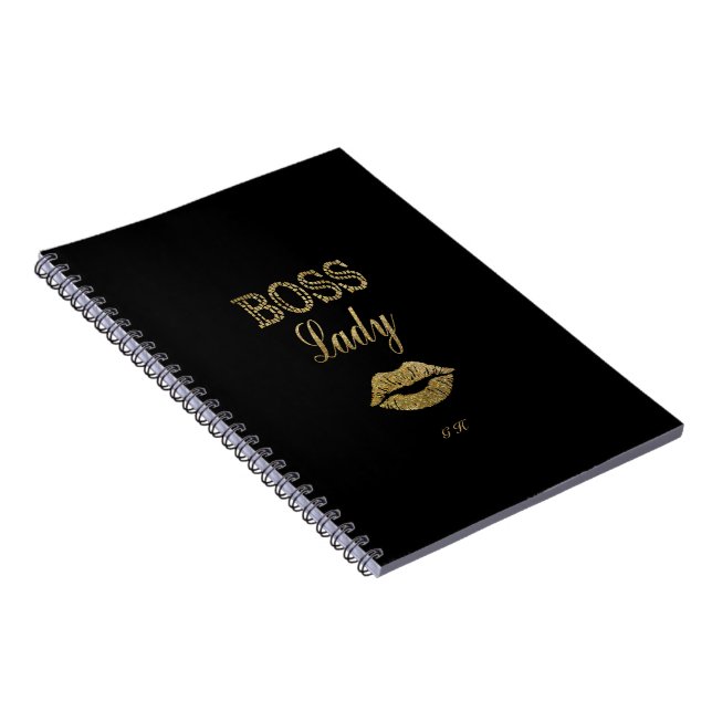 Elegant Gold Glitter BOSS Lady Typography Monogram Spiral Notebook (Right Side)