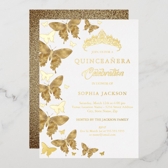 Elegant Gold Glitter Butterfly Quinceanera (Front/Back)