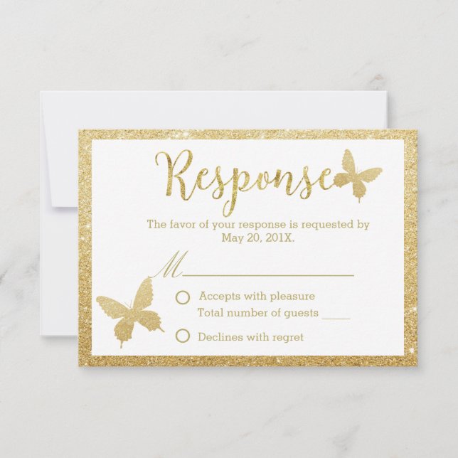 Elegant Gold Glitter Butterfly Wedding Response (Front)