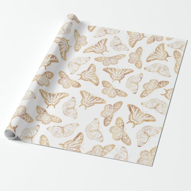Elegant Gold Glitter Butterfly Wrapping Paper (Unrolled)