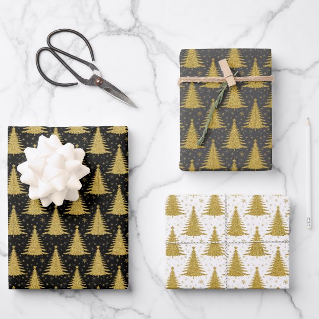 Elegant Gold Glitter Christmas Tree Pattern Wrapping Paper Sheet (Front)