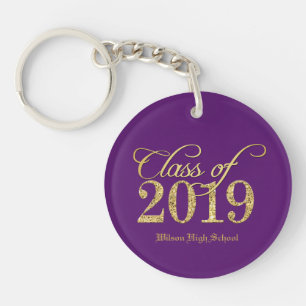 Elegant Gold Glitter Class of 2019 on Purple Key Ring