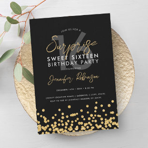 Elegant Gold Glitter Confetti Surprise Sweet 16  Invitation