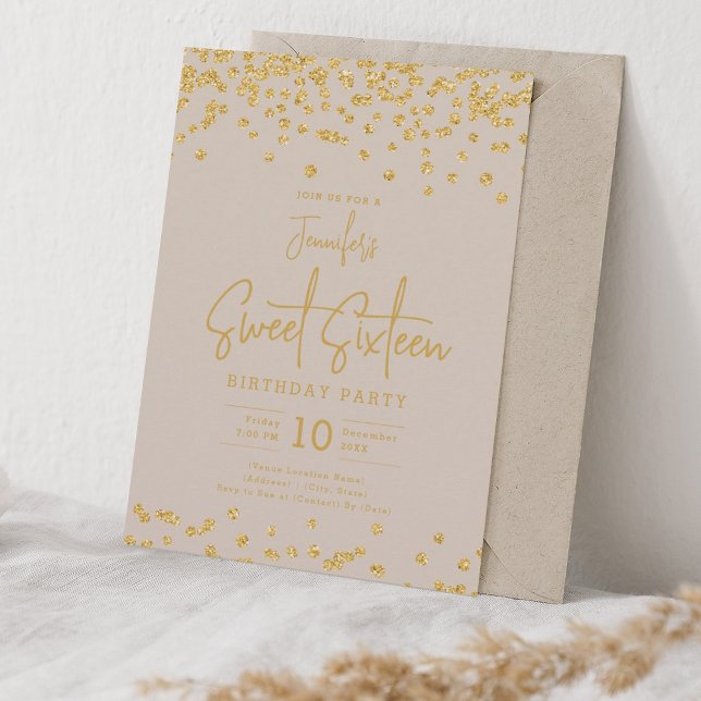 Elegant Gold Glitter Confetti Sweet 16 Champagne Invitation (Elegant Gold Glitter Confetti Sweet 16 Champagne Invitation)