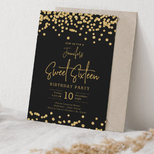Elegant Gold Glitter Confetti Sweet 16 Party Black Invitation