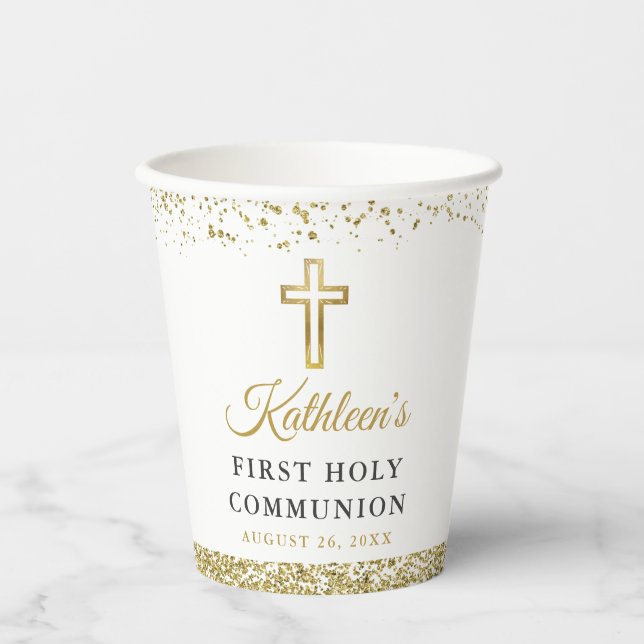 Elegant Gold Glitter Cross First Holy Communion Paper Cups (Front)