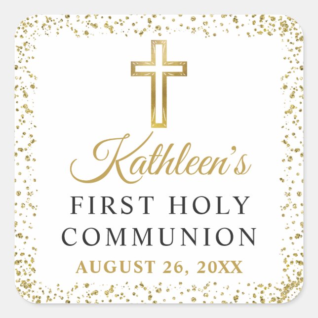 Elegant Gold Glitter Cross First Holy Communion Square Sticker (Front)