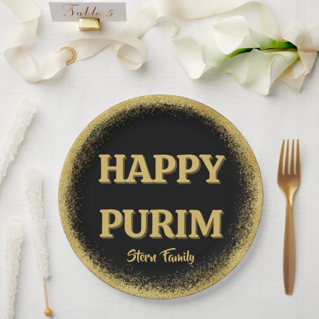Elegant Gold Glitter Custom Happy Purim Paper Plate (Wedding)