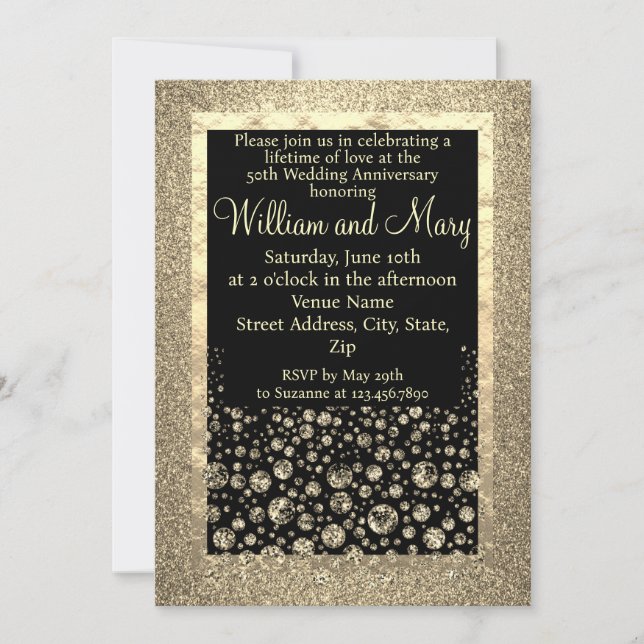 Elegant Gold Glitter Diamond 50th Anniversary  Invitation (Front)