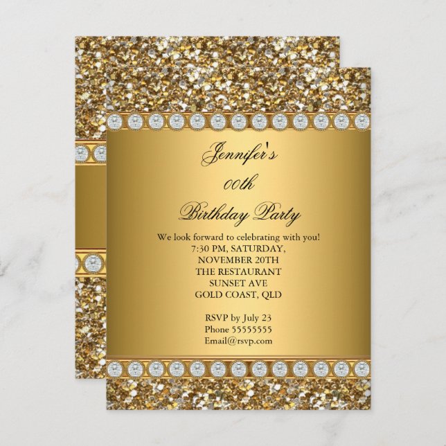 Elegant Gold Glitter Diamond Birthday Party 3 Invitation (Front/Back)