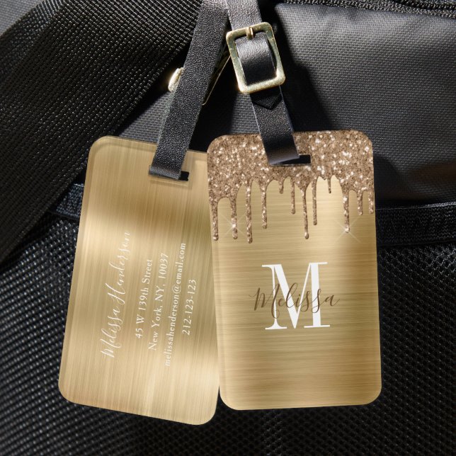 Elegant Gold Glitter Drip Monogram Luggage Tag (Elegant Gold Glitter Drip Monogram Luggage Tag)