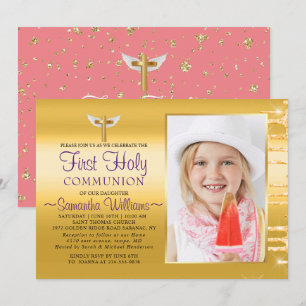 Elegant Gold Glitter Drips Photo First Communion Invitation