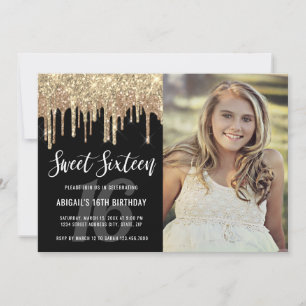 Elegant gold glitter drips sweet sixteen invitation