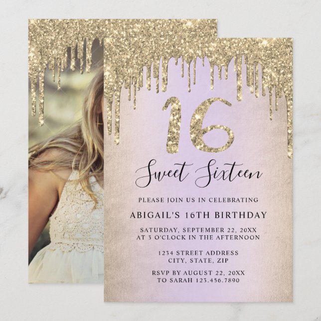 Elegant gold glitter drips sweet sixteen photo inv invitation (Front/Back)