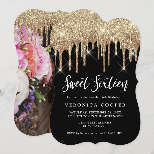 Elegant gold glitter drips sweet sixteen photo inv invitation (Front/Back)