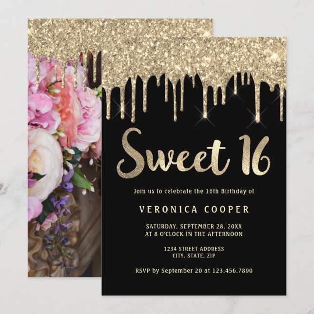 Elegant gold glitter drips sweet sixteen photo invitation (Front/Back)