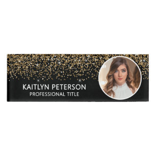 Elegant Gold Glitter Employee Photo ID Black Name Tag