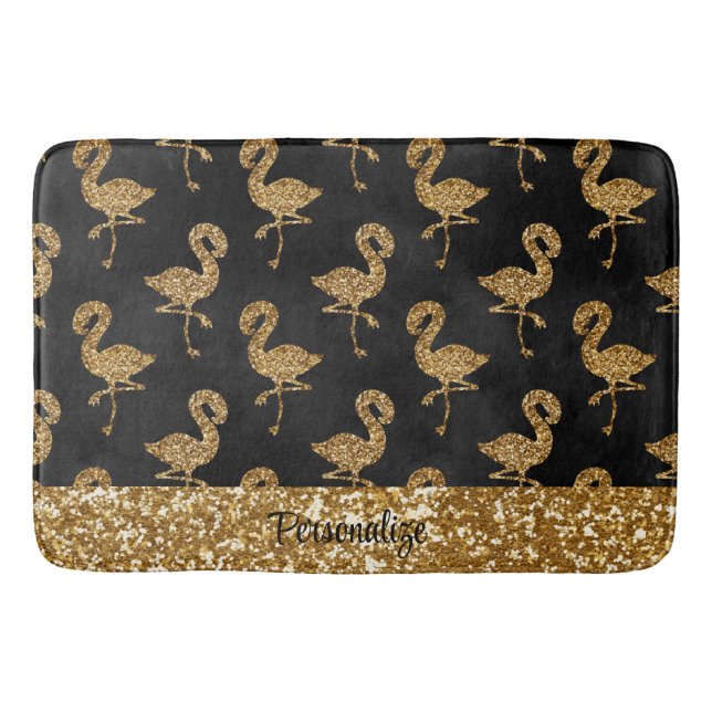 Elegant Gold Glitter Flamingo Pattern Sparkle Glam Bath Mat (Front)