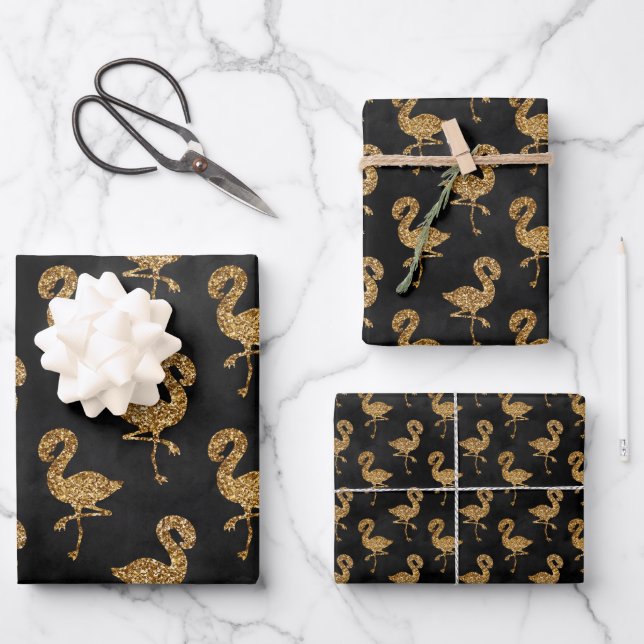 Elegant Gold Glitter Flamingo Pattern Sparkle Glam Wrapping Paper Sheet (Front)