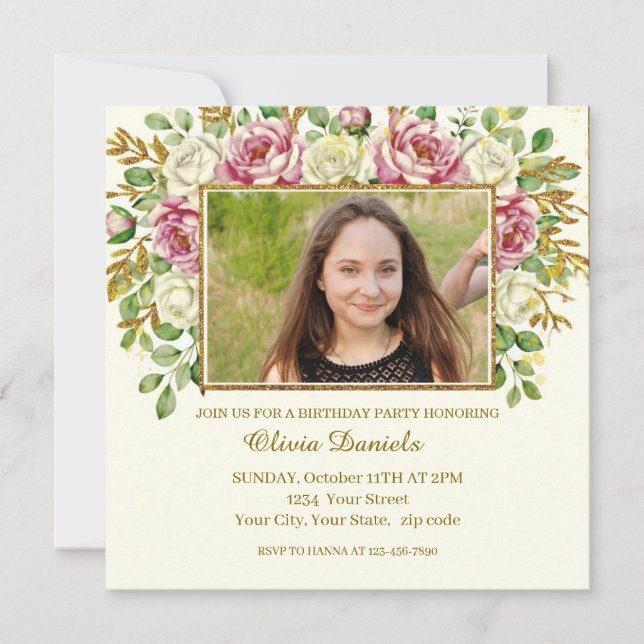 Elegant Gold Glitter Floral Frame Personalised (Front)