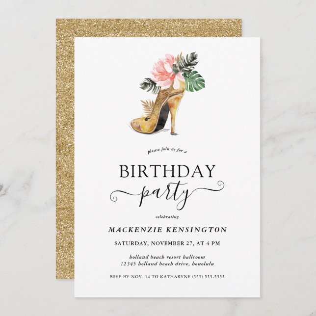 Elegant Gold Glitter Floral Gold Heels Birthday Invitation (Front/Back)