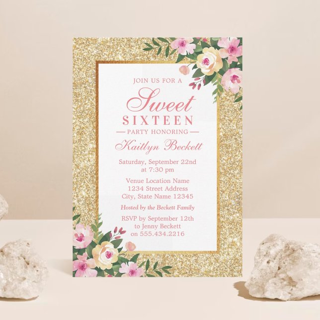 Elegant Gold Glitter Floral Sweet 16 Birthday Invitation (Creator Uploaded)