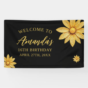 Elegant Gold Glitter Flower Sweet 16 Birthday Banner