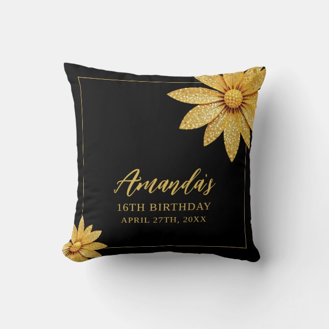 Elegant Gold Glitter Flower Sweet 16 Birthday Cushion (Front)