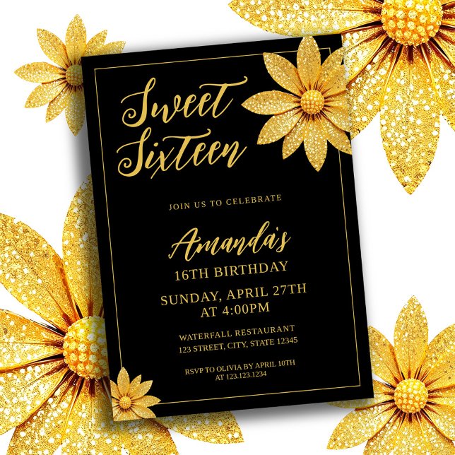 Elegant Gold Glitter Flower Sweet 16 Birthday Invitation (Creator Uploaded)