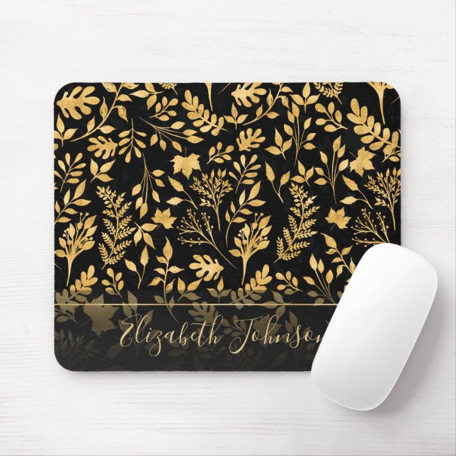 Elegant Gold Glitter Foliage Black Design Mouse Pad (With Mouse)
