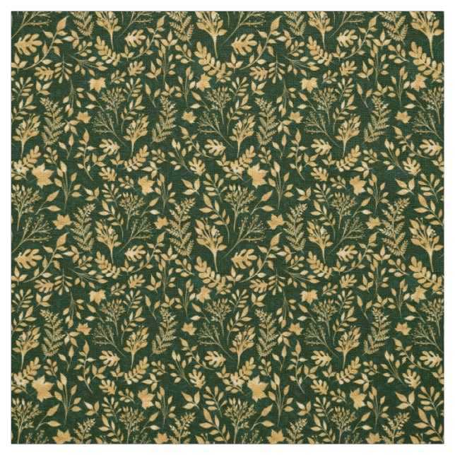 Elegant Gold Glitter Foliage Forest Green Design Fabric (Swatch)