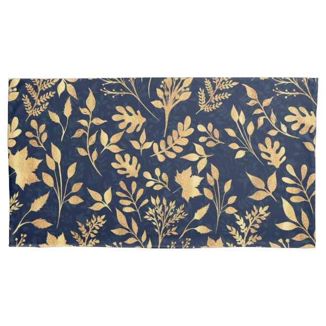 Elegant Gold Glitter Foliage Navy-Blue Design Pillowcase (Front-Left)