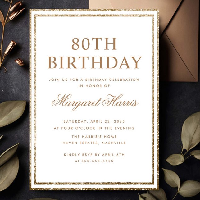 Elegant Gold Glitter Frame 80th Eighty Birthday Invitation (Creator Uploaded)