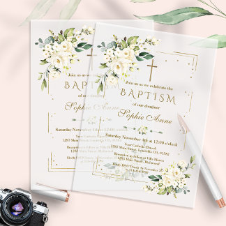Elegant Gold Glitter Frame White Floral Baptism Vellum Invitations