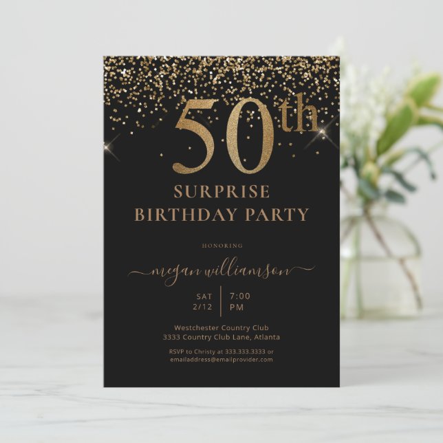 Elegant Gold Glitter Fun Black 50th Birthday Party Invitation (Standing Front)