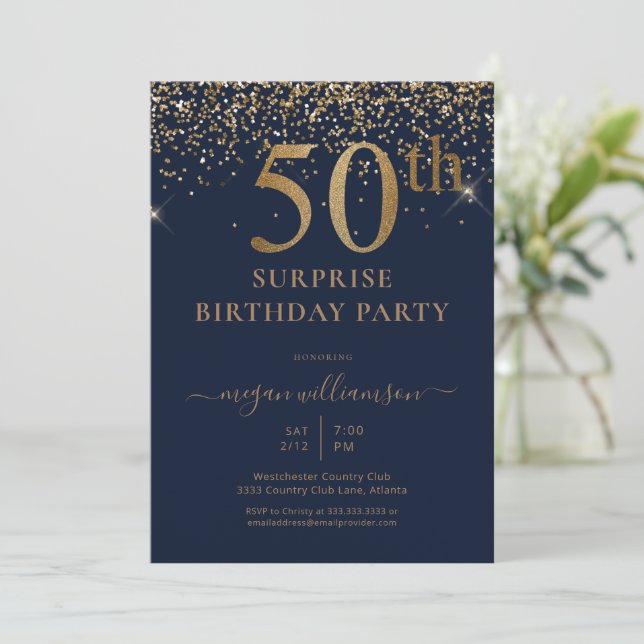 Elegant Gold Glitter Fun Navy 50th Birthday Party Invitation (Standing Front)