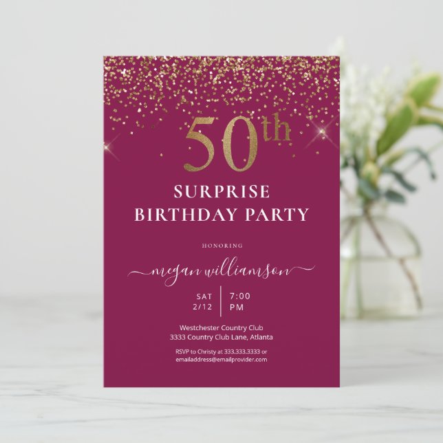 Elegant Gold Glitter Fun Pink 50th Birthday Party Invitation (Standing Front)
