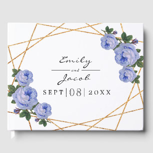 Elegant Gold Glitter Geo Blue Floral Wedding Guest Book