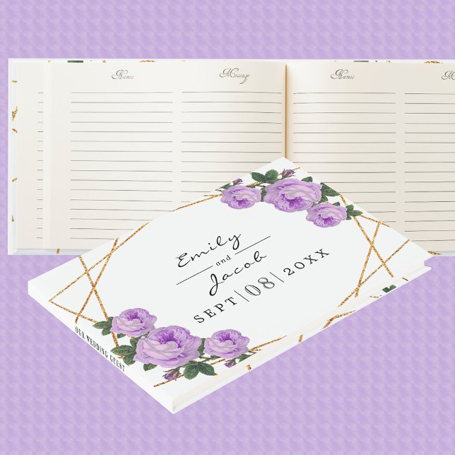 Elegant Gold Glitter Geo Purple Floral Wedding Guest Book (Elegant Gold Glitter Geo Purple Floral Wedding Guest Book)