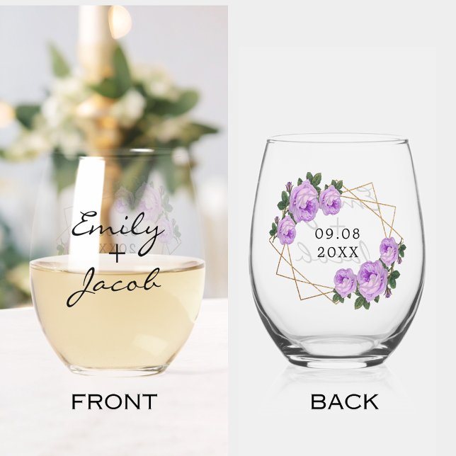 Elegant Gold Glitter Geo Purple Floral Wedding Stemless Wine Glass (Elegant Gold Glitter Geometric Purple Floral Wedding Stemless Wine Glass)