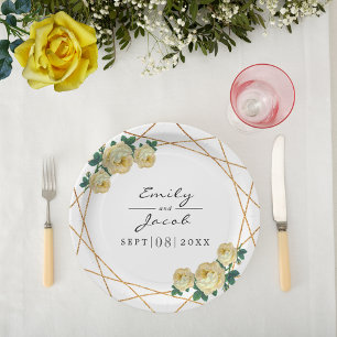 Elegant Gold Glitter Geo Yellow Floral Wedding Paper Plate