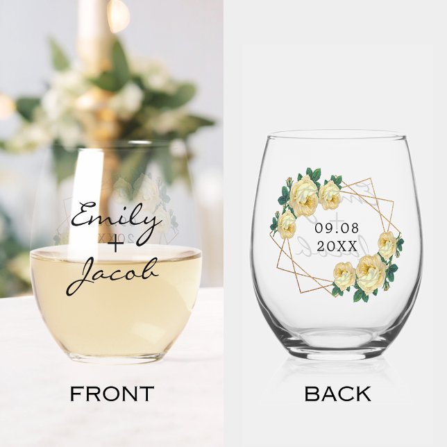 Elegant Gold Glitter Geo Yellow Floral Wedding Stemless Wine Glass (Elegant Gold Glitter Geo Yellow Floral Wedding Stemless Wine Glass)