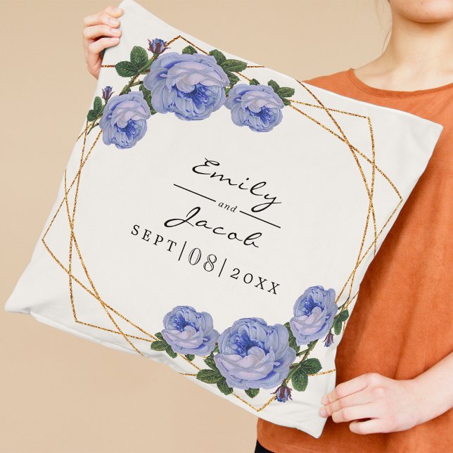 Elegant Gold Glitter Geometric Blue Floral Wedding Cushion (Creator Uploaded)