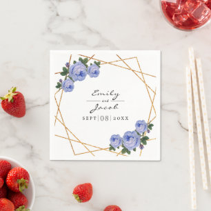 Elegant Gold Glitter Geometric Blue Floral Wedding Napkin