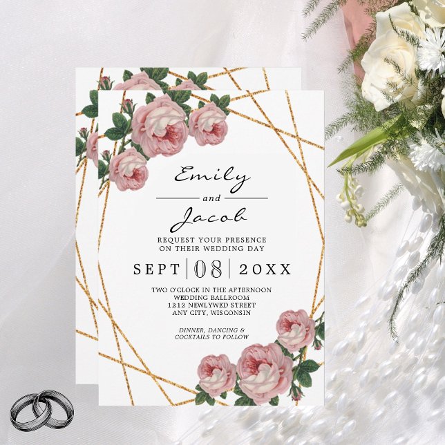 Elegant Gold Glitter Geometric Pink Floral Wedding Announcement (Creator Uploaded)