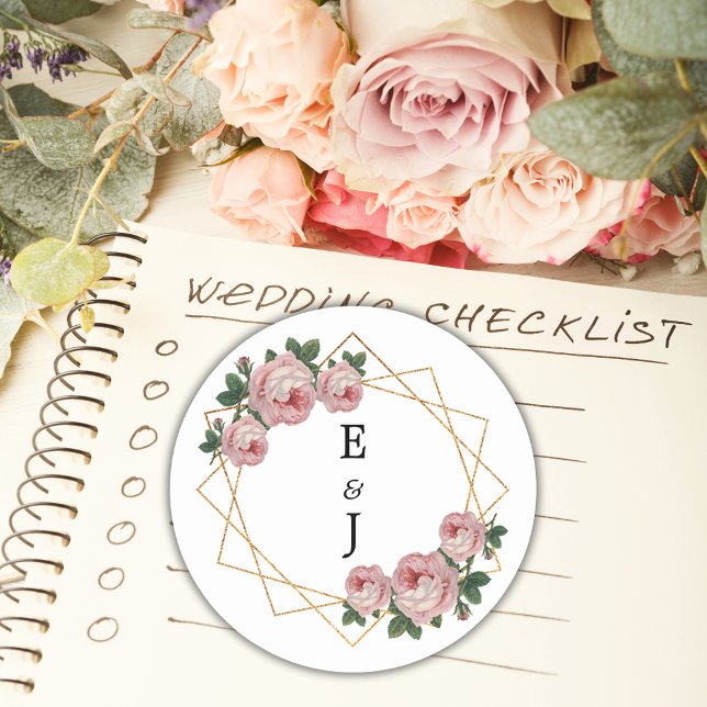 Elegant Gold Glitter Geometric Pink Floral Wedding Classic Round Sticker (Elegant Gold Glitter Geometric Pink Floral Wedding Classic Round Sticker)