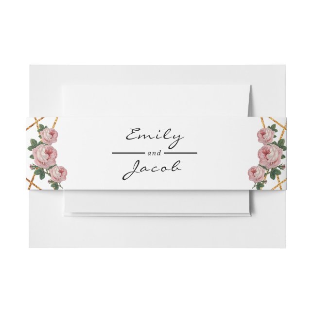 Elegant Gold Glitter Geometric Pink Floral Wedding Invitation Belly Band (Front Example)
