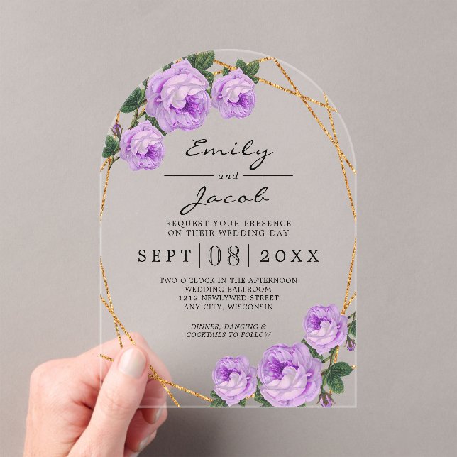 Elegant Gold Glitter Geometric Purple Floral Wed Acrylic Invitations (Insitu (Handheld))
